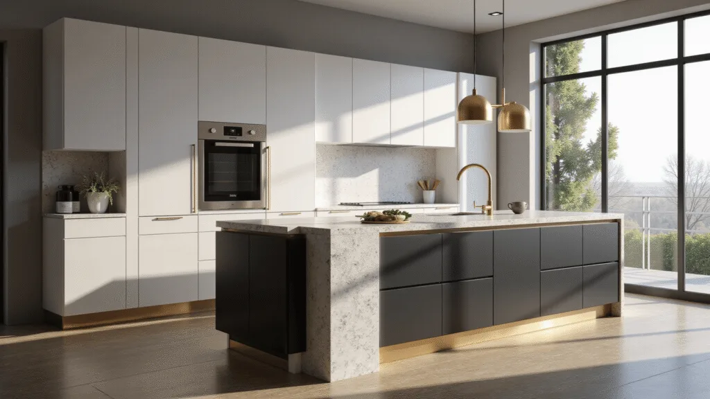 Two-Tone Kitchen Cabinets: The Ultimate Guide to Stylish Color Combinations Cinematic wide-angle shot of a luxurious modern kitchen featuring two-tone cabinets, a marble waterfall island, and natural lighting, emphasizing material textures and elegant decor elements.