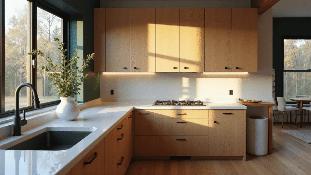 Honey Oak Kitchen Cabinets: Your Ultimate Modernization Guide Photorealistic image of a modern kitchen featuring honey oak cabinets, white quartz countertops, and geometric black drawer pulls, illuminated by natural light from east-facing windows, with a forest green accent wall and minimalist decor, shot in 8k resolution.