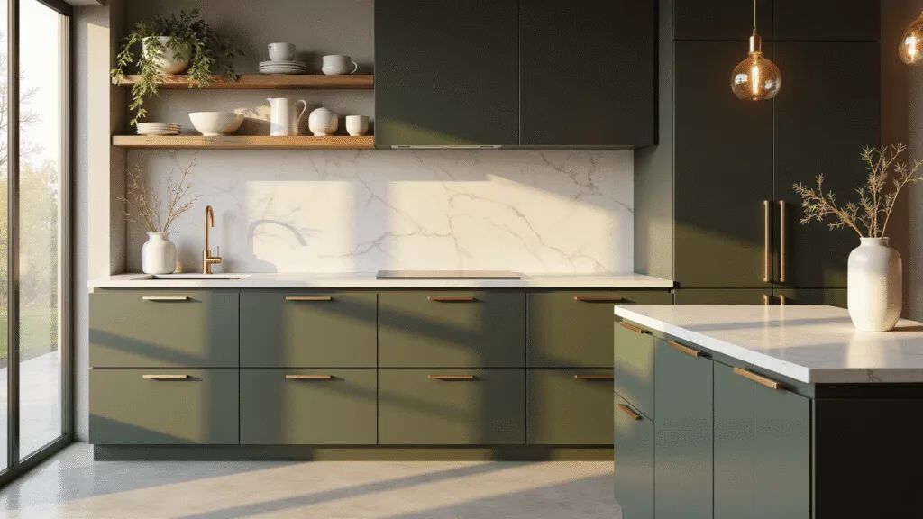 Olive Green Kitchen Cabinets: The Ultimate Style Guide for Modern Home Decor A modern kitchen featuring matte olive green cabinets and white quartz countertops, illuminated by golden hour sunlight through large windows, with brass accents, a minimalist island with a ceramic vase of olive branches, and a blend of textures.