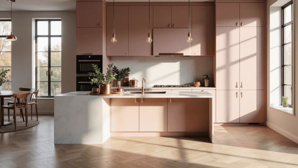 Pink Kitchen Cabinets: Transforming Your Culinary Space with Color and Personality Photorealistic interior shot of a luxurious modern pink kitchen during golden hour, featuring blush pink cabinets with brass hardware, white quartz countertops, a center island with copper cookware, and warm sunlight casting shadows on white oak herringbone flooring.
