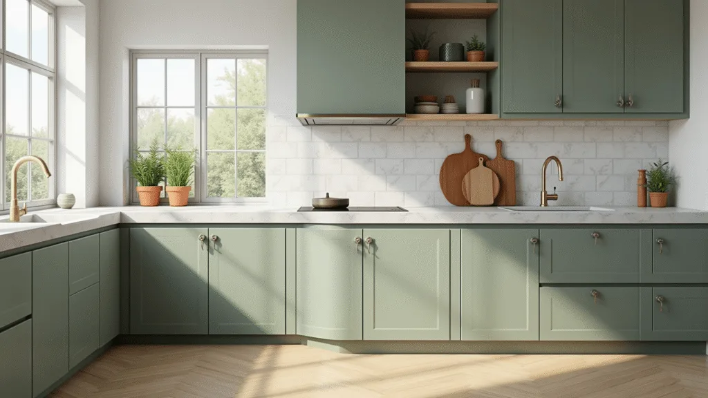 Sage Green Kitchen Cabinets: Your Ultimate Design Guide to Trendy, Tranquil Spaces Photorealistic image of a modern kitchen featuring sage green shaker cabinets, a white quartz waterfall island, and natural white oak herringbone floors, illuminated by morning sunlight through floor-to-ceiling windows, with terracotta pots of herbs on marble windowsills and vintage wooden cutting boards against a white subway tile backsplash.