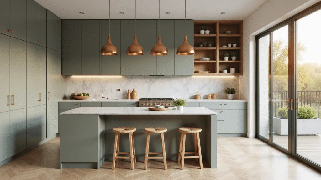 Light Green Kitchen Cabinets: The Ultimate Guide to Refreshing Your Kitchen Space A spacious, modern kitchen featuring sage green matte cabinets, a white Carrara marble waterfall island, walnut open shelving, copper pendant lights, and rattan stools, illuminated by golden sunset light through floor-to-ceiling windows, with white oak herringbone floors and potted herbs on the countertop.