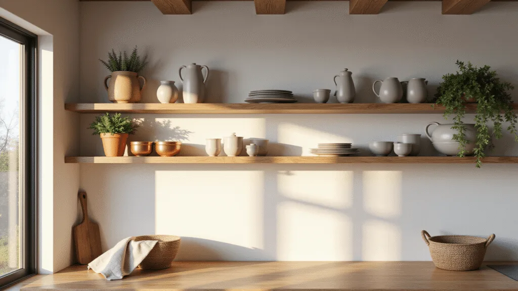 Open Kitchen Cabinets: A Stylish Design Revolution for Modern Homes A high-end interior photograph of a modern kitchen with white oak floating shelves, matte ceramic dinnerware, copper cookware, and fresh herbs, beautifully lit by natural sunlight during golden hour.