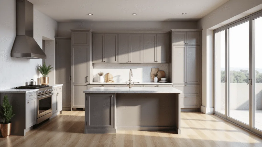 Light Taupe Kitchen Cabinets: Your Ultimate Design Secret Weapon Photorealistic modern kitchen with light taupe shaker cabinets, white quartz countertops, a marble island, and stainless steel appliances, illuminated by natural morning light through large windows, showcasing an airy atmosphere and artistic ceramic decor.