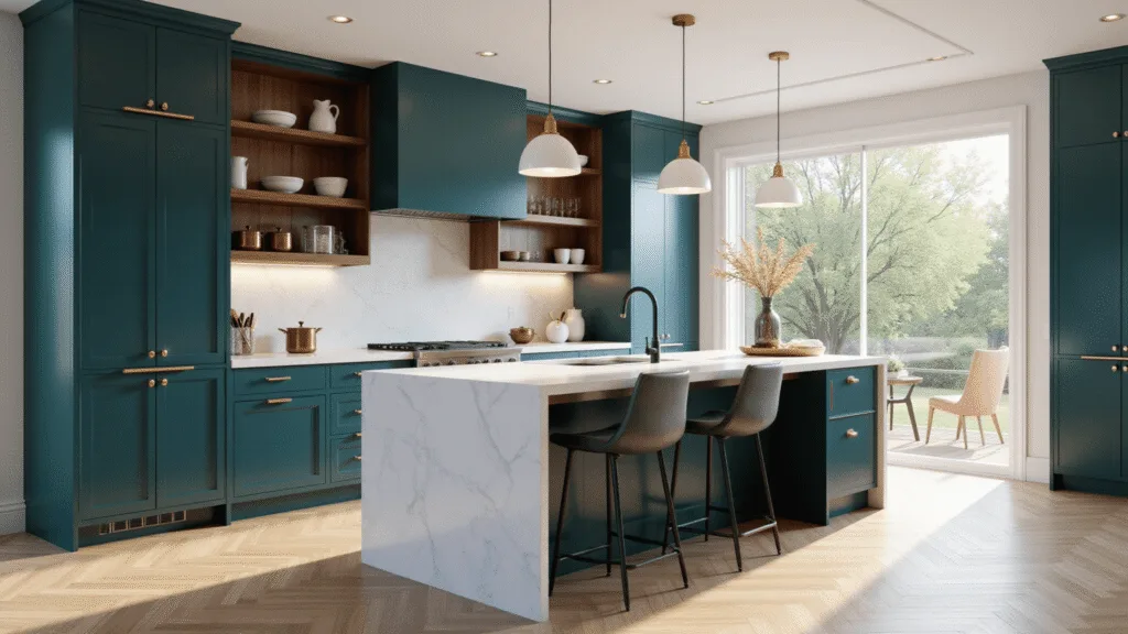 Teal Kitchen Cabinets: The Ultimate Design Guide for Modern Homes A luxurious modern kitchen featuring deep teal cabinets with brass hardware, a white quartz waterfall island, walnut open shelving, and wide-plank white oak herringbone floors, illuminated by morning sunlight through large windows.
