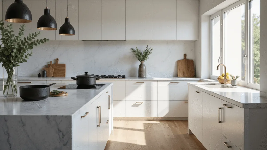 White Kitchen Cabinet Styling: The Ultimate Visual Content Creation Guide A luxurious modern kitchen with white shaker cabinets, a marble waterfall countertop, and matte black ceramic vessels, featuring soft natural light, polished chrome hardware, and a minimalist Scandinavian design.