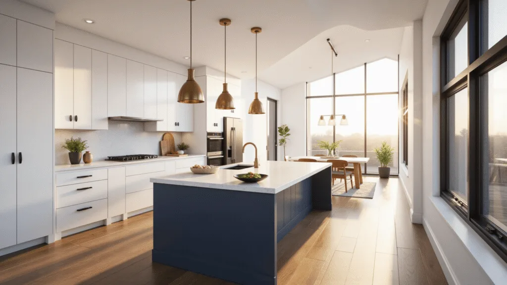 White Shaker Kitchen Cabinets: The Ultimate Design Guide for Timeless Elegance Photorealistic modern kitchen featuring white shaker cabinets, a navy blue island with a quartz waterfall countertop, brass pendant lights, walnut flooring, and natural lighting creating a warm, inviting atmosphere.