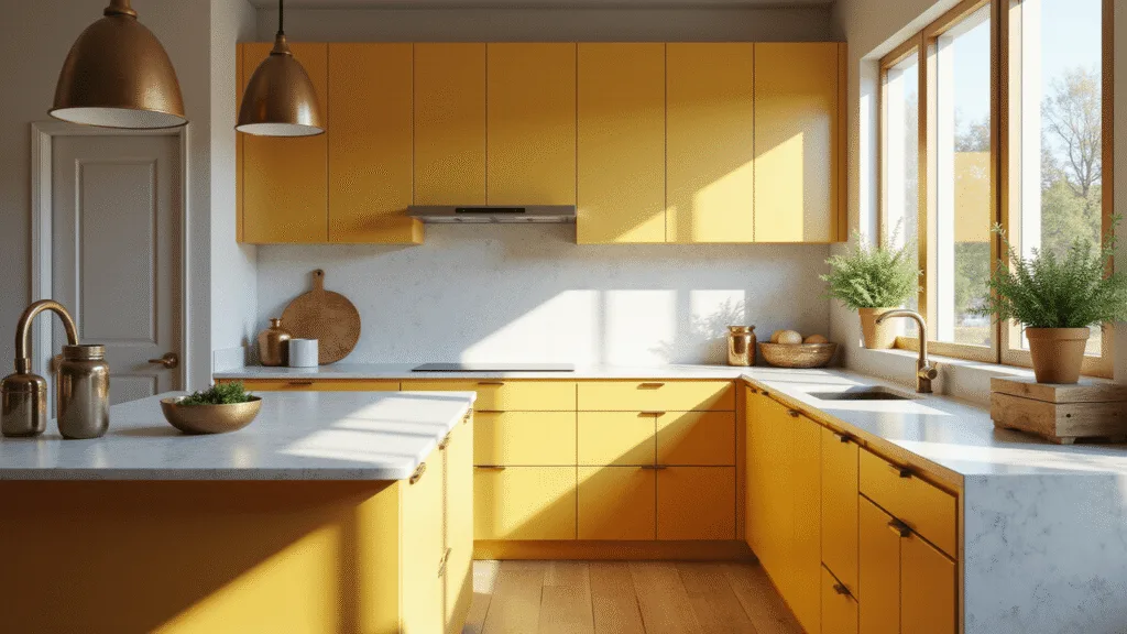 Yellow Kitchen Cabinets: Transform Your Space with Sunshine-Inspired Design A modern yellow kitchen featuring flat-panel cabinets, white quartz countertops, brass pendant lights, and natural oak flooring, bathed in golden hour sunlight, with decorative artisanal ceramics and copper planters, all captured in a photorealistic 8K image.