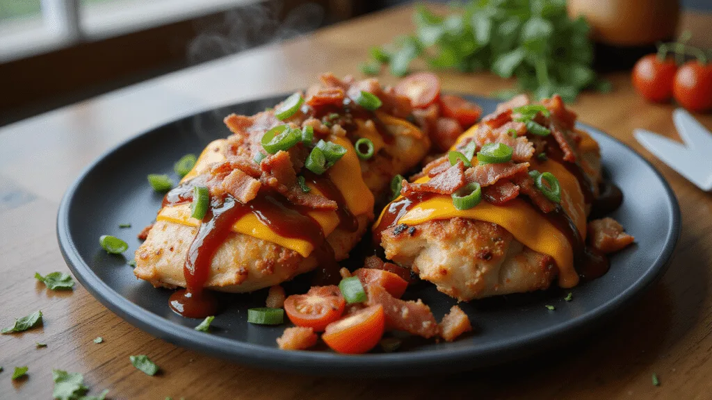 Monterey Chicken: The Ultimate Flavor-Packed Comfort Dish Juicy grilled chicken breast topped with melted Monterey Jack and cheddar cheese, crispy bacon strips, and glossy BBQ sauce, garnished with fresh diced tomatoes and green onions, presented on a matte black ceramic plate with steam wisps rising, shot in soft natural light with a shallow depth of field.