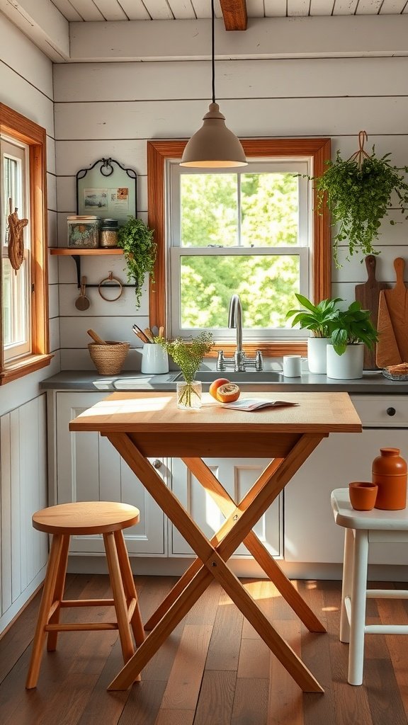 50 Creative Tiny Cottage Kitchen Ideas for Space-Savvy Living A cozy tiny cottage kitchen featuring a wooden folding table and stools, with plants and kitchenware.