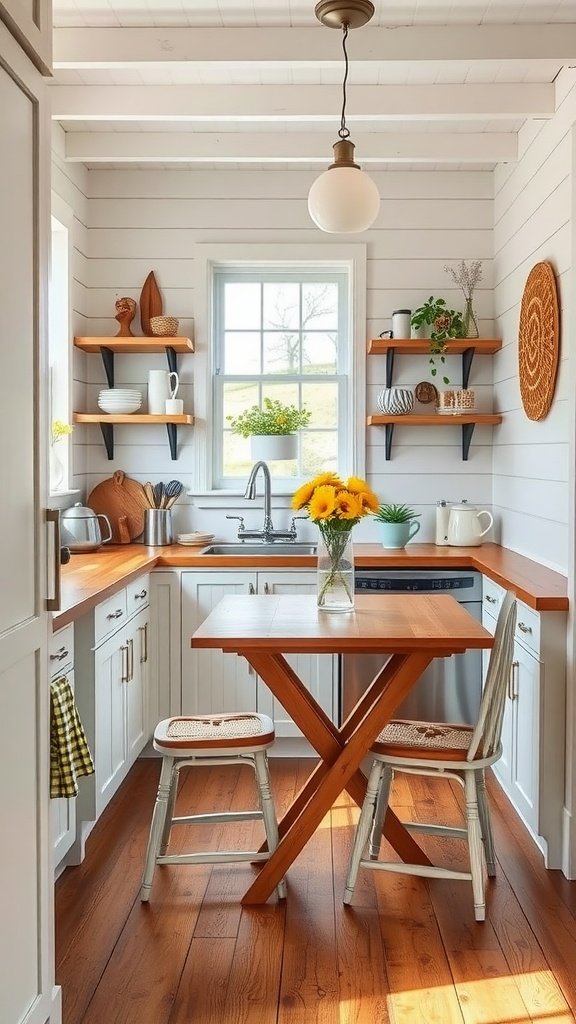 50 Creative Tiny Cottage Kitchen Ideas for Space-Savvy Living A cozy tiny cottage kitchen featuring a foldable table, two chairs, and open shelving with plants and dishware.