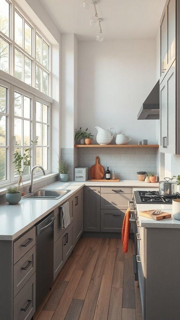 50 Creative Tiny Cottage Kitchen Ideas for Space-Savvy Living A bright and airy tiny cottage kitchen with large windows, light cabinets, and plants.