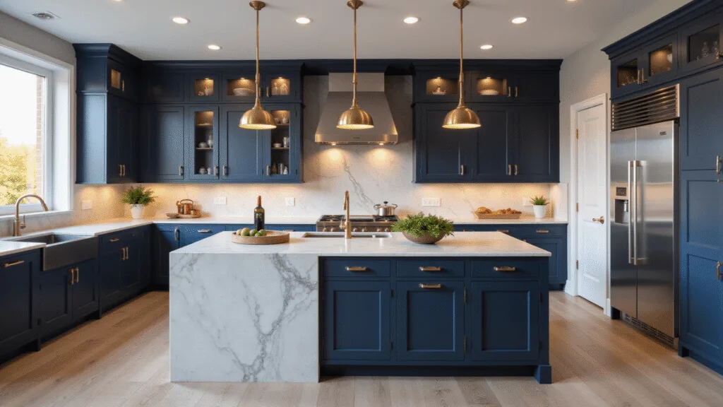 Navy Kitchen Cabinets: A Bold and Timeless Design Revolution Photorealistic image of a sophisticated navy kitchen featuring shaker-style cabinets with brass hardware, a Calacatta marble island, wide-plank white oak flooring, and dramatic lighting from floor-to-ceiling windows during golden hour.