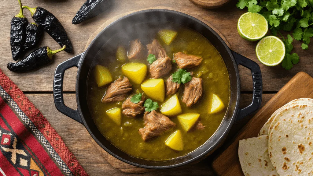 New Mexico Green Chile Stew: A Soulful Southwestern Comfort Classic Overhead shot of a weathered cast-iron Dutch oven filled with vibrant emerald-green chile stew featuring caramelized pork and golden potatoes, surrounded by roasted Hatch chiles, fresh cilantro, quartered limes, and warm corn tortillas on a rustic wooden table, with dramatic natural lighting and a Southwestern textile in the corner.