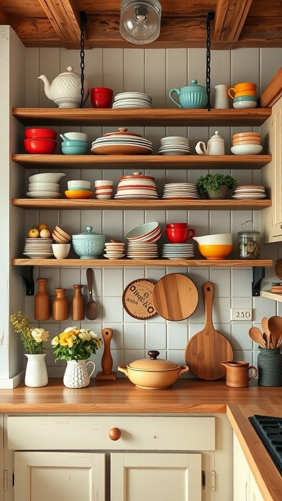 50 Creative Tiny Cottage Kitchen Ideas for Space-Savvy Living Colorful open shelving in a cozy cottage kitchen displaying dishes, bowls, and wooden utensils.
