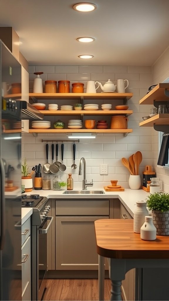 50 Creative Tiny Cottage Kitchen Ideas for Space-Savvy Living A cozy tiny cottage kitchen with open shelving, warm colors, and organized utensils.