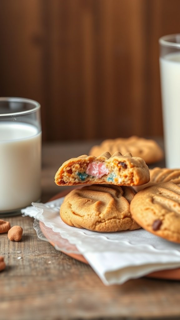 25 Creative Gender Reveal Cookie Ideas to Celebrate Your Big News Peanut butter cookies with colorful filling, perfect for a gender reveal party.