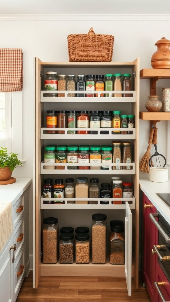 50 Creative Tiny Cottage Kitchen Ideas for Space-Savvy Living A personalized spice rack in a tiny cottage kitchen, featuring organized jars and a woven basket.