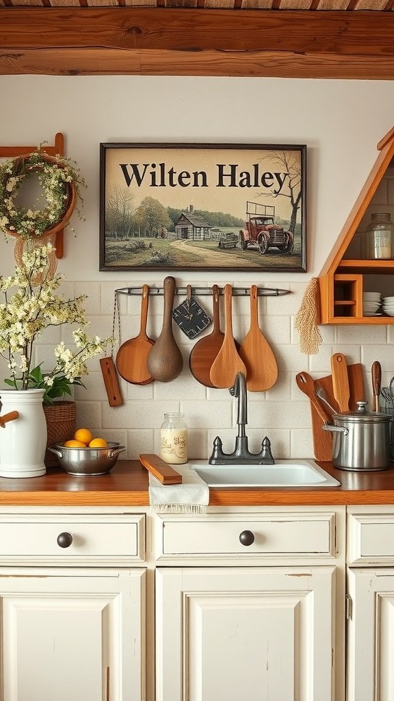 50 Creative Tiny Cottage Kitchen Ideas for Space-Savvy Living Cozy cottage kitchen with personalized wall art and wooden utensils