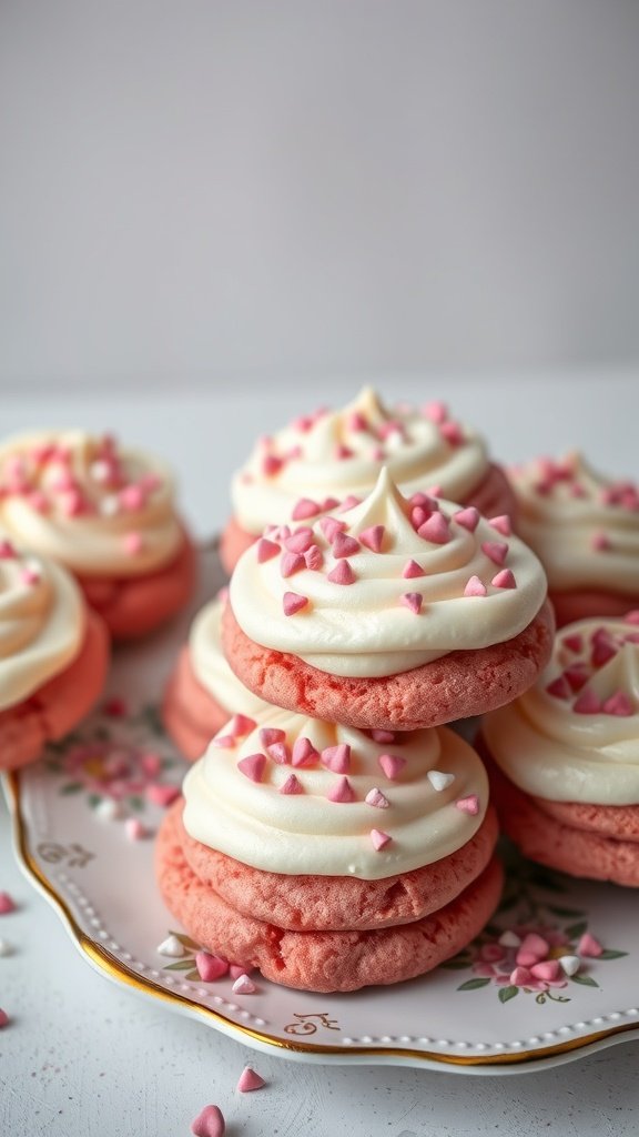 25 Creative Gender Reveal Cookie Ideas to Celebrate Your Big News Pink Velvet Gender Reveal Cookies with cream cheese frosting and heart sprinkles