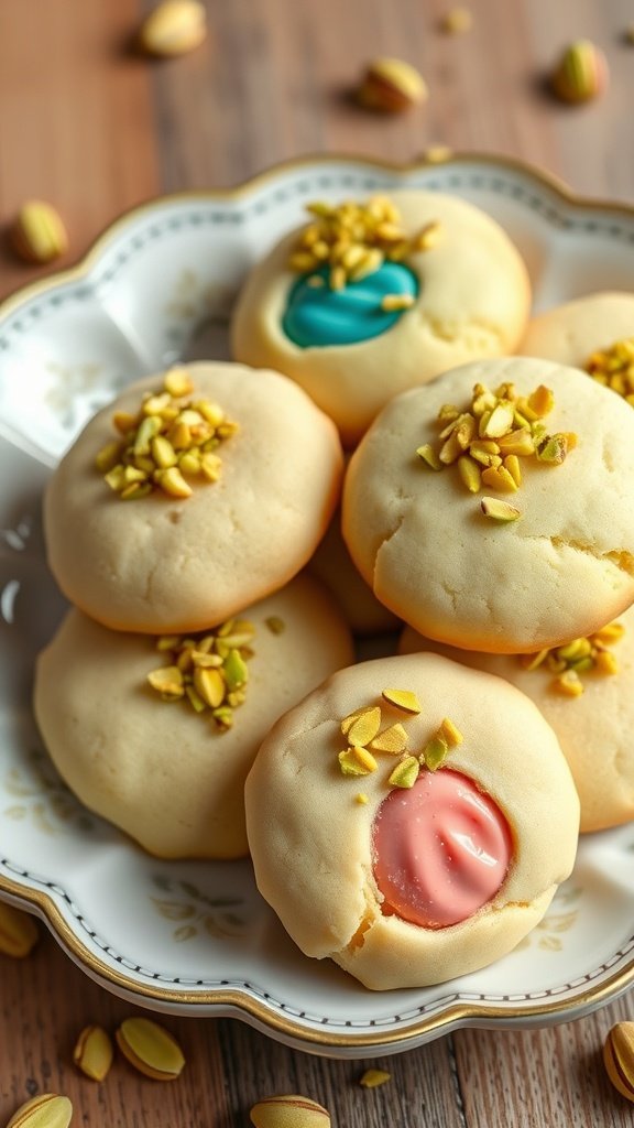 25 Creative Gender Reveal Cookie Ideas to Celebrate Your Big News A plate of pistachio gender reveal cookies with pink and blue cream filling.