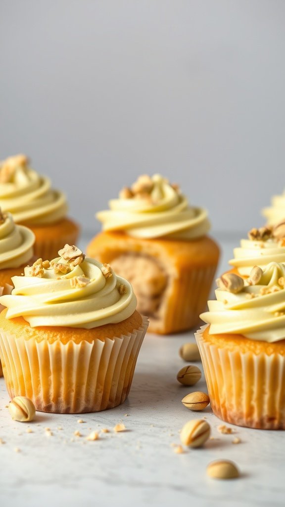 25 Creative Gender Reveal Cupcake Ideas to Celebrate Your Baby's Arrival Pistachio gender reveal cupcakes with creamy frosting and chopped pistachios on top.