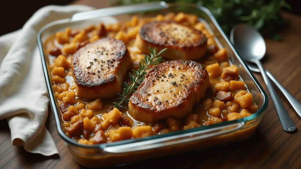 Pork Chop and Stuffing Casserole: The Ultimate Comfort Food Dinner A golden-brown pork chop and stuffing casserole in a glass dish, featuring seared pork chops on herb-flecked stuffing, creamy mushroom sauce, and steam rising, garnished with thyme and cracked pepper, on a rustic wooden table with a vintage napkin.