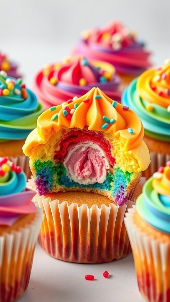 25 Creative Gender Reveal Cupcake Ideas to Celebrate Your Baby's Arrival Colorful rainbow cupcakes with vibrant frosting and sprinkles, showcasing a surprise filling.