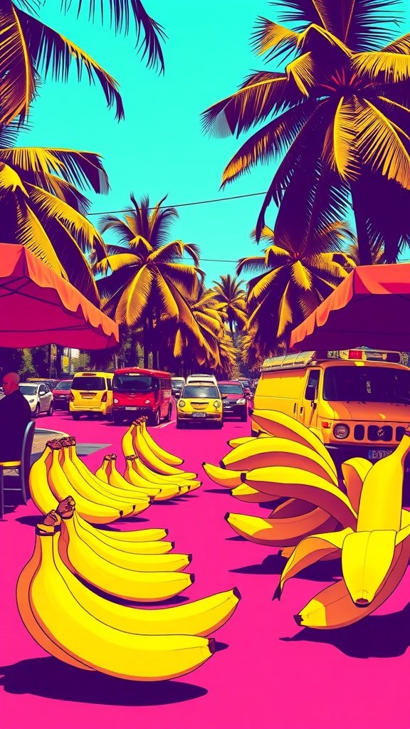 25 Creative Banana Wallpaper Designs for Your Phone A vibrant street scene featuring oversized bananas and palm trees, with a bright pink road.