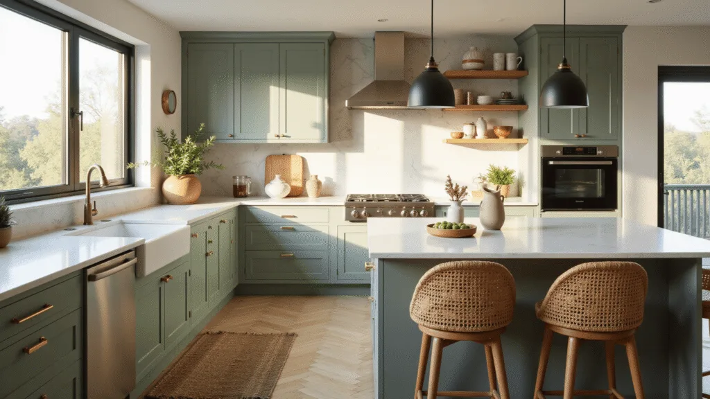 Sage Kitchen Cabinets: Your Ultimate Style Guide to Serene Sophistication Photorealistic interior of a sunlit modern kitchen featuring sage green shaker cabinets, white quartz waterfall countertops, and brass accents, with woven barstools and a warm white oak herringbone floor, styled with eucalyptus and pottery, captured at golden hour with a focus on cabinet details.
