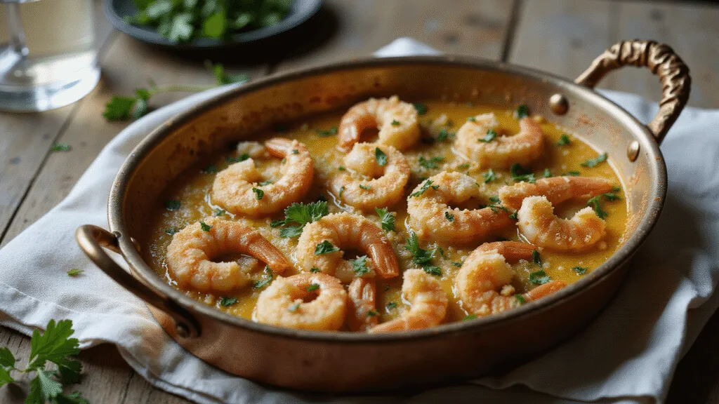 SHRIMP DE JONGHE: CHICAGO'S LEGENDARY SEAFOOD CLASSIC Cinematic overhead shot of a vintage copper gratin dish filled with succulent pink shrimp in golden-brown butter, topped with toasted brioche breadcrumbs and fresh herbs, on a weathered wooden surface with a white linen napkin and crystal wine glass.