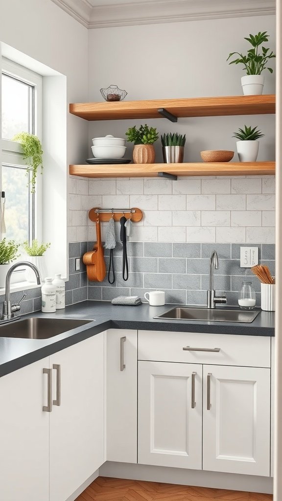 50 Creative Tiny Cottage Kitchen Ideas for Space-Savvy Living A small kitchen sink area in a cozy cottage kitchen, featuring a modern design with open shelving and plants.