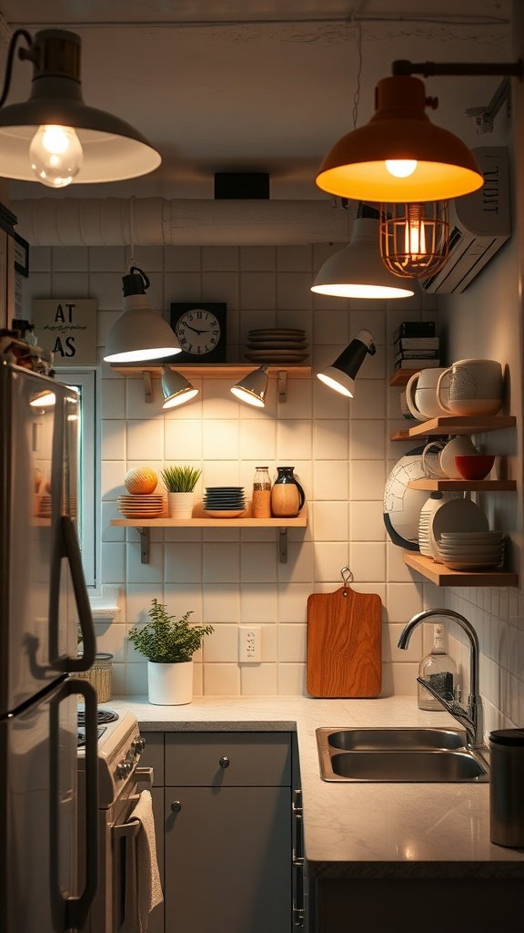 50 Creative Tiny Cottage Kitchen Ideas for Space-Savvy Living A cozy tiny cottage kitchen featuring various light fixtures, including pendant lights and spotlights, creating a warm atmosphere.
