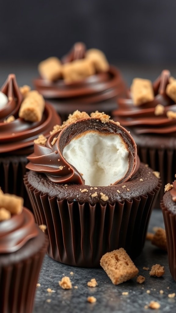 25 Creative Gender Reveal Cupcake Ideas to Celebrate Your Baby's Arrival Delicious S'mores Gender Reveal Cupcakes with chocolate frosting and marshmallow filling