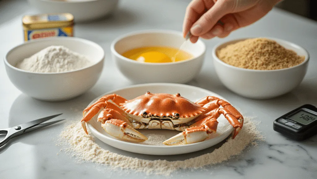 Crispy Fried Soft Shell Crab: A Seafood Lover's Delight Photorealistic culinary image featuring three white ceramic breading stations on a marble countertop, with a focus on a cleaned soft shell crab being dredged in seasoned flour, surrounded by golden egg wash and breadcrumbs, sharp kitchen shears, and an Old Bay seasoning tin, all captured in soft diffused lighting with a shallow depth of field.