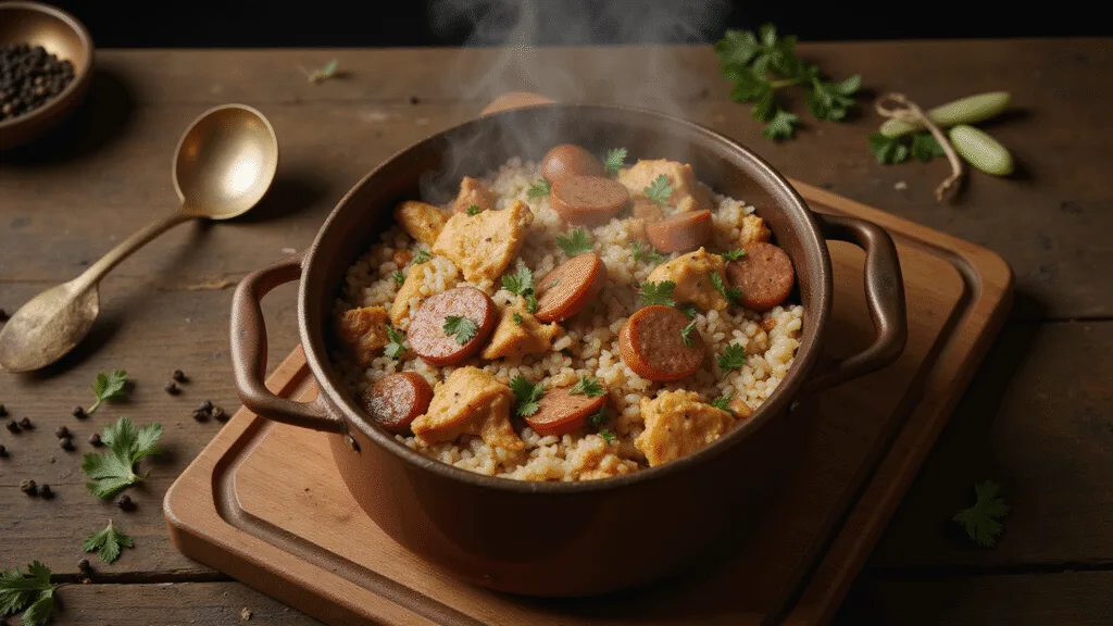 Chicken Bog: The Ultimate Southern One-Pot Comfort Meal Cinematic overhead shot of a copper Dutch oven filled with Southern Chicken Bog, featuring golden-brown shredded chicken, smoky sausage, and white rice, garnished with parsley, in a rustic farmhouse kitchen with warm lighting and a wooden cutting board.