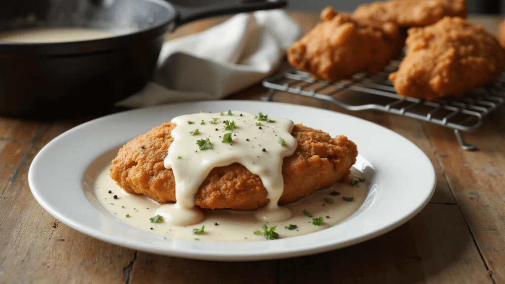 Chicken Fried Chicken: Southern Comfort on a Plate A golden-brown fried chicken breast on a rustic white plate, topped with creamy gravy, garnished with parsley and black pepper, set on a weathered wooden table with additional chicken pieces in the background and a vintage cloth napkin.