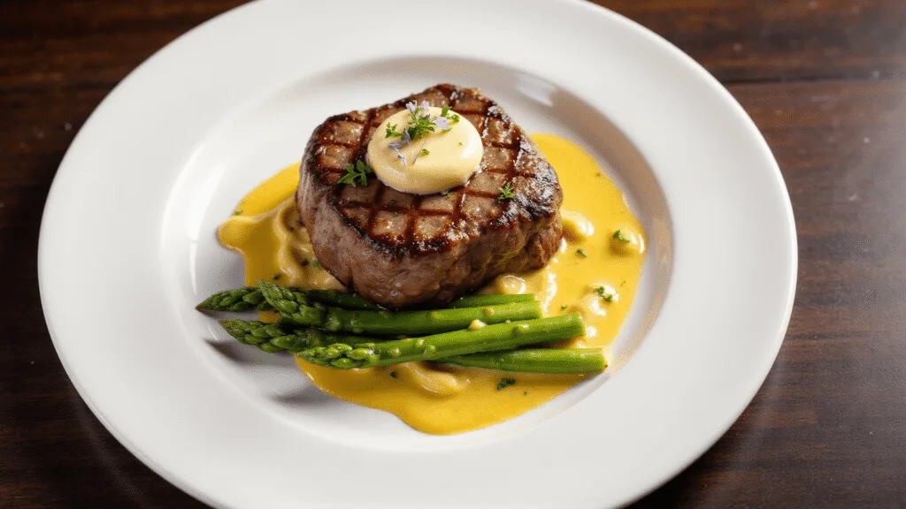 STEAK OSCAR: THE ULTIMATE SURF AND TURF LUXURY DISH Photorealistic overhead shot of a medium-rare filet mignon topped with crab meat, asparagus spears, and béarnaise sauce on a white plate, with micro tarragon and edible flowers, against a dark wood table, showcasing rich textures and warm lighting.
