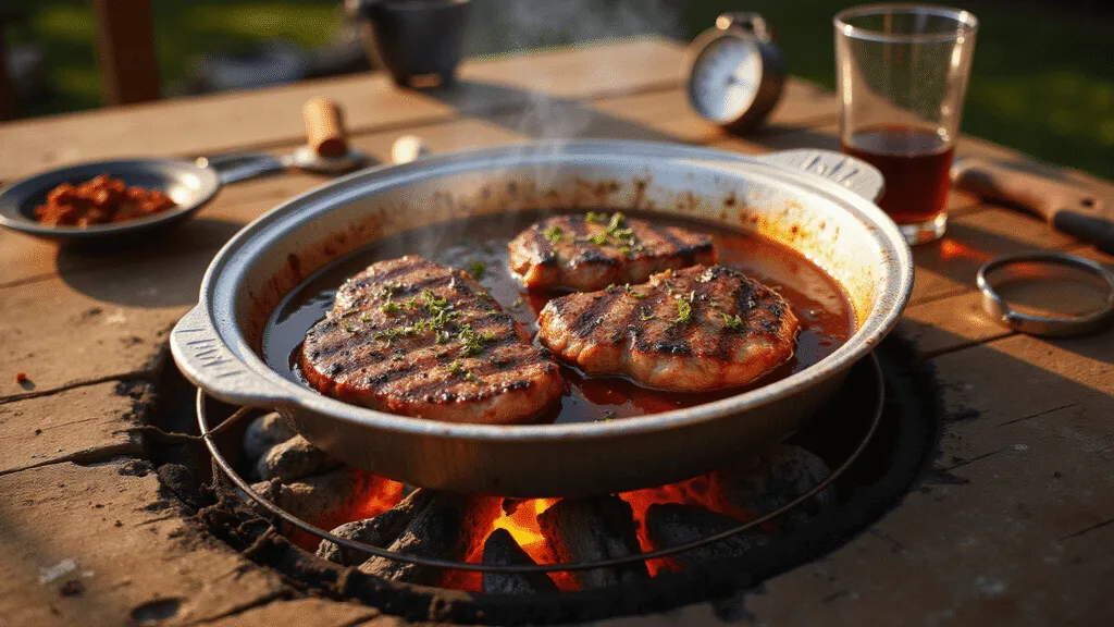 St. Louis Style Pork Steaks: The Ultimate Backyard BBQ Classic Photorealistic backyard BBQ scene at golden hour featuring marbled pork shoulder steaks on a charcoal grill, with flames visible and steaks simmering in an aluminum pan containing amber beer and barbecue sauce. Close-up detail highlights dark grill marks and a caramelized exterior, with rich mahogany-colored sauce bubbling and garnished with fresh herbs. Warm lighting enhances the meat's texture, set against a weathered wooden table scattered with spices and grilling tools, all enveloped in atmospheric smoke.