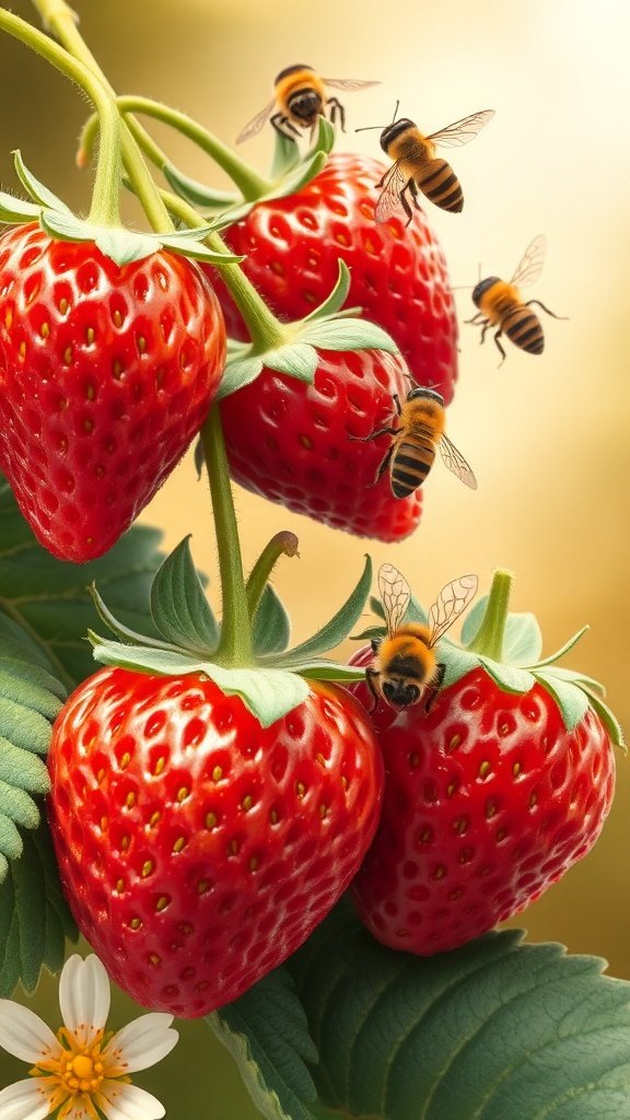 35 Stunning Strawberry Wallpaper Designs for a Fresh Look A close-up of ripe strawberries with bees buzzing around them.