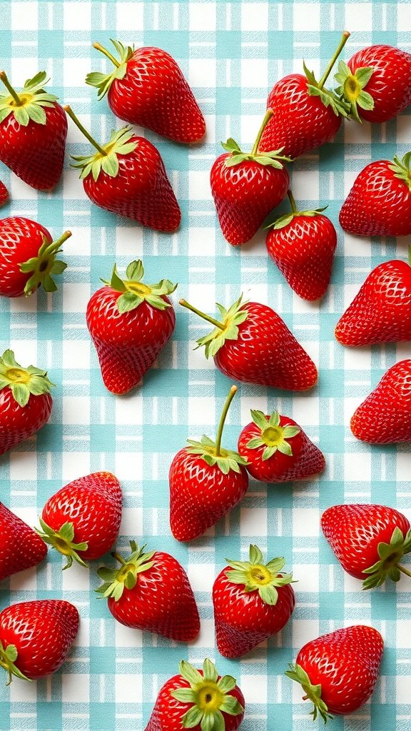 35 Stunning Strawberry Wallpaper Designs for a Fresh Look A vibrant arrangement of strawberries on a blue checkered background.
