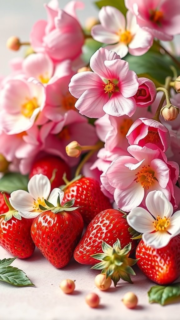 35 Stunning Strawberry Wallpaper Designs for a Fresh Look A vibrant arrangement of strawberries and pink blossoms.