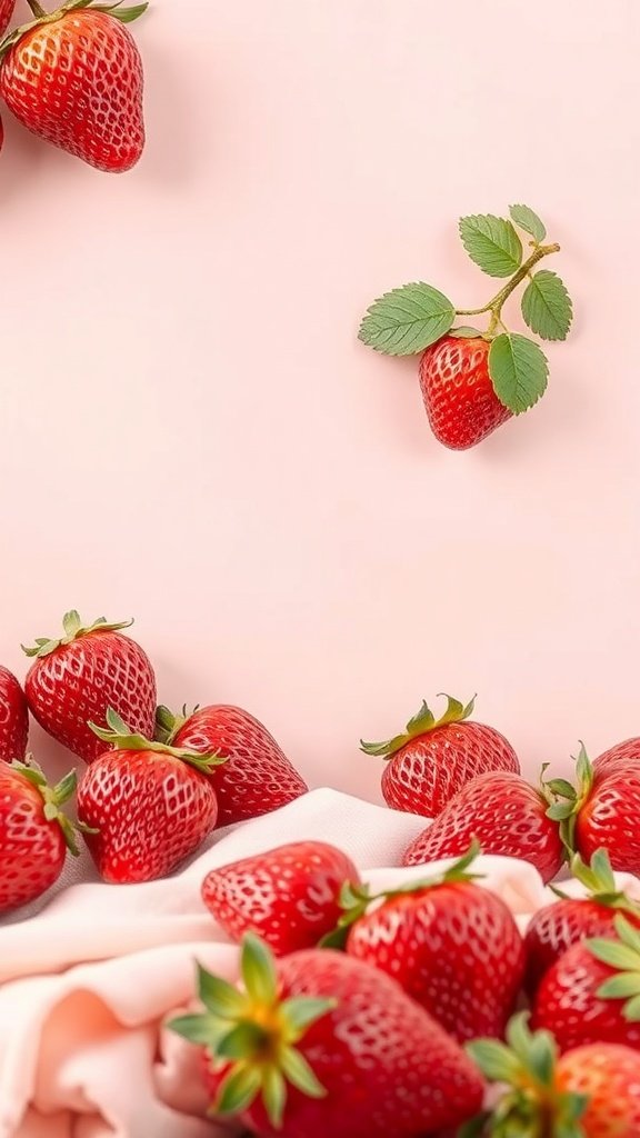 35 Stunning Strawberry Wallpaper Designs for a Fresh Look A collection of fresh strawberries on a soft pink background, showcasing a vibrant and cheerful color palette.