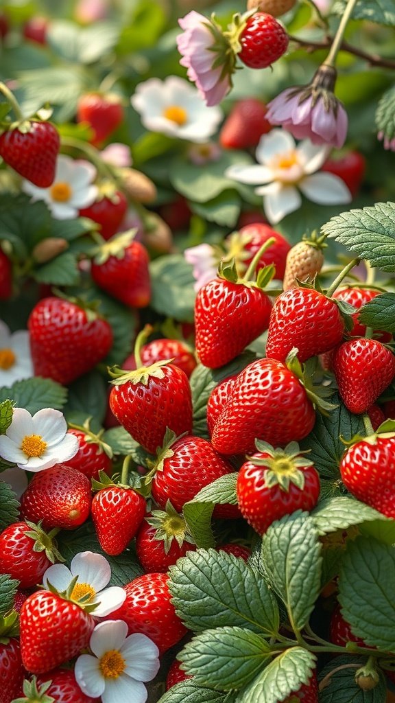 35 Stunning Strawberry Wallpaper Designs for a Fresh Look A close-up of ripe strawberries and white flowers, showcasing a vibrant and fresh design.