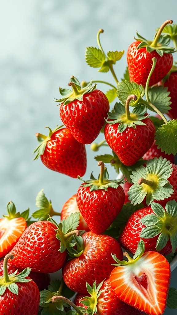 35 Stunning Strawberry Wallpaper Designs for a Fresh Look A vibrant display of fresh strawberries, some whole and some sliced, showcasing their juicy red insides.