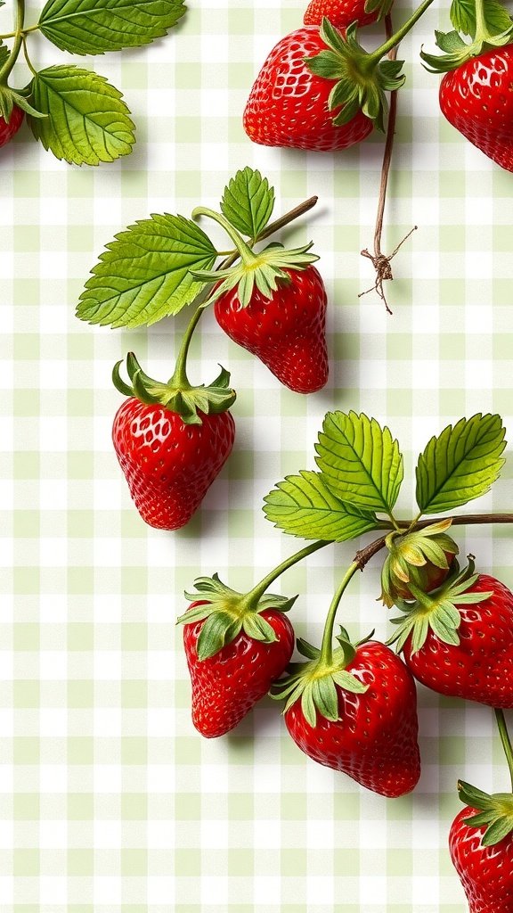 35 Stunning Strawberry Wallpaper Designs for a Fresh Look Strawberries on a green gingham background
