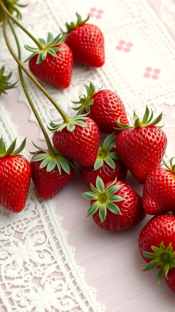 35 Stunning Strawberry Wallpaper Designs for a Fresh Look A collection of fresh strawberries on a pink lace background.