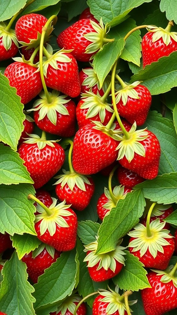 35 Stunning Strawberry Wallpaper Designs for a Fresh Look A close-up view of fresh strawberries with green leaves