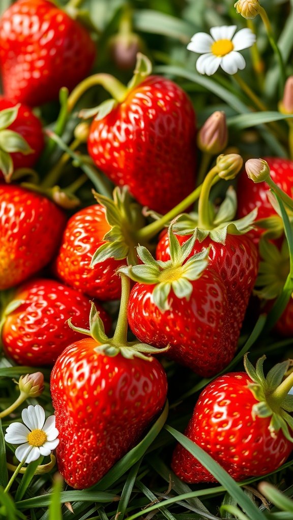 35 Stunning Strawberry Wallpaper Designs for a Fresh Look Fresh strawberries surrounded by green grass and small white flowers.