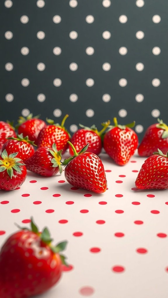 35 Stunning Strawberry Wallpaper Designs for a Fresh Look An arrangement of fresh strawberries on a polka dot background